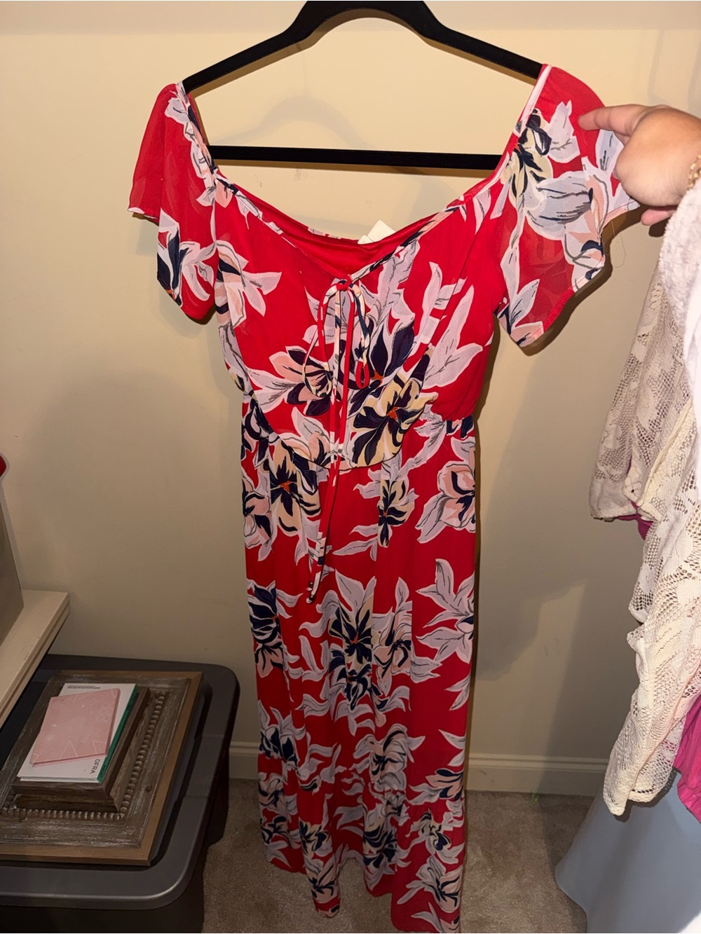 Japna Red Floral Off-Shoulder Maxi Dress